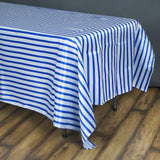 Elevate Your Event Decor with the White/Royal Blue Seamless Stripe Satin Rectangle Tablecloth