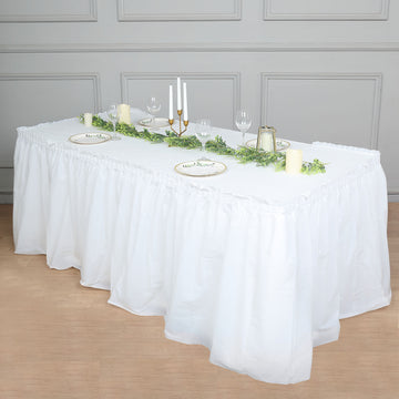 14ft White Ruffled Plastic Disposable Table Skirt, Waterproof Spill Proof Outdoor Indoor Table Skirt