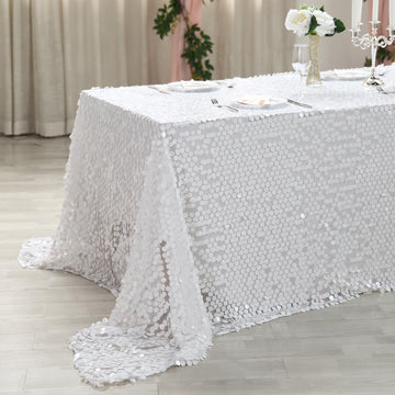 90"x156" White Seamless Big Payette Sequin Rectangle Tablecloth Premium