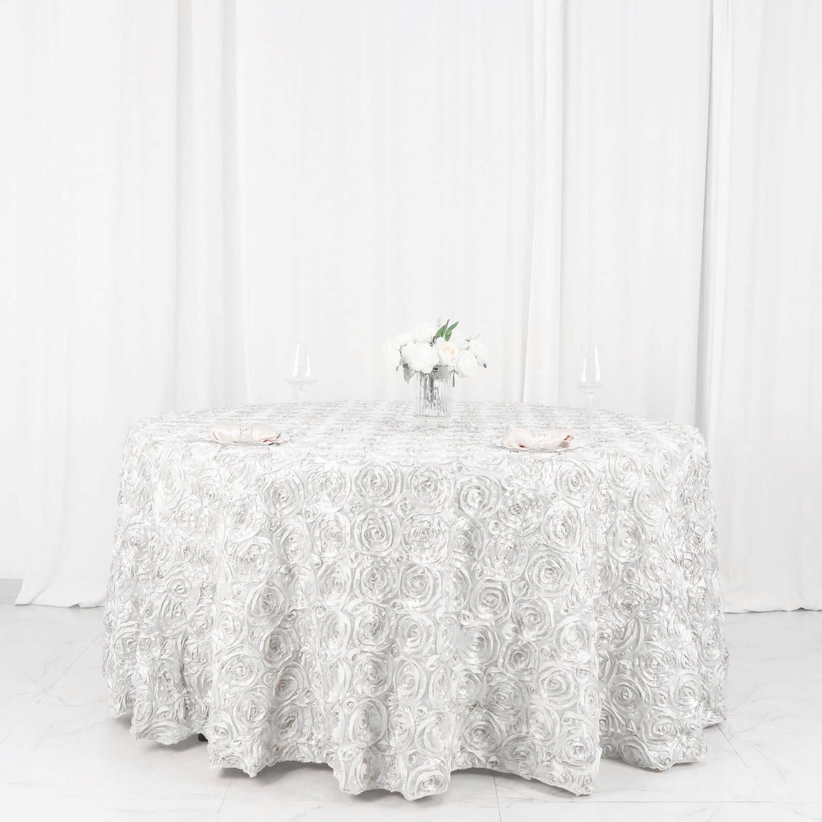 120 In White Seamless Satin Round Tablecloth   White Seamless Grandiose Rosette Satin Round Tablecloth 