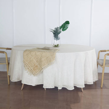 108" White Seamless Linen Round Tablecloth, Slubby Textured Wrinkle Resistant Tablecloth