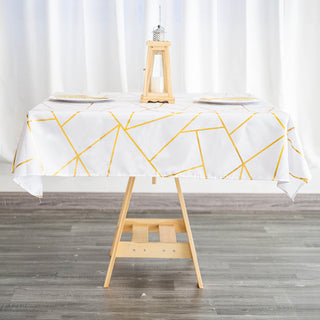 Elegant White Seamless Polyester Square Tablecloth with Gold Foil Geometric Pattern