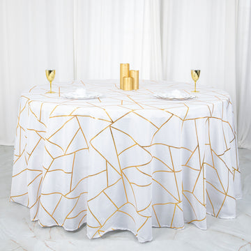 120" White Seamless Round Polyester Tablecloth With Gold Foil Geometric Pattern