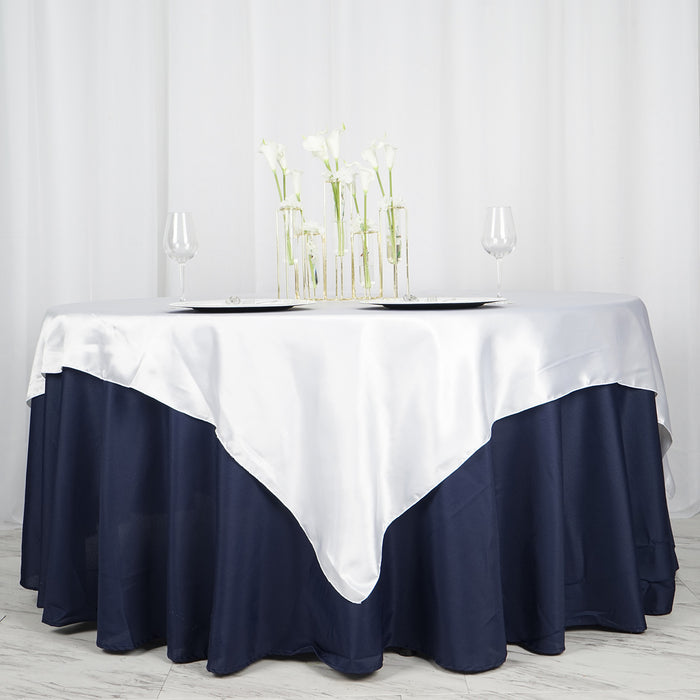 72 Inch x 72 Inch White Seamless Satin Square Tablecloth Overlay