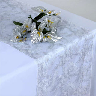 White / Silver Floral Lace Netting Table Runner