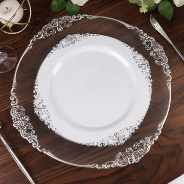 10 Pack 10" White Plastic Party Plates With Silver Leaf Embossed Baroque Rim, Round Disposable Dinner Plates