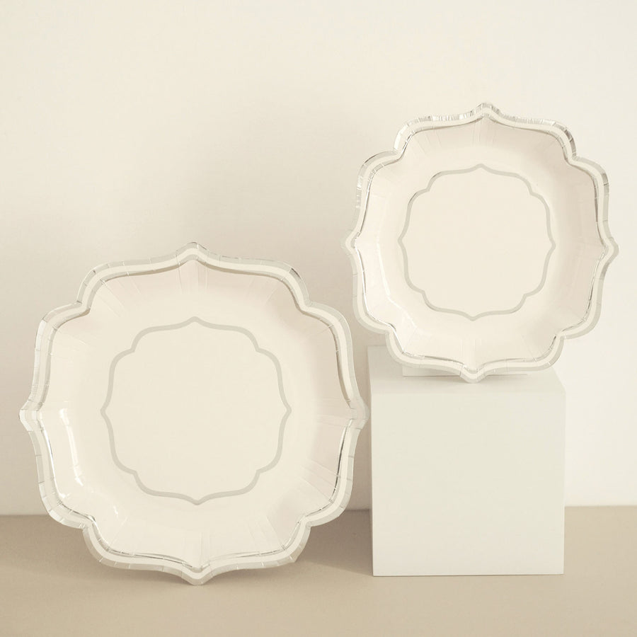 25 Pack | White/Silver 8" Scallop Rim Dessert Party Paper Plates, Disposable Appetizer Salad Plates - 300 GSM