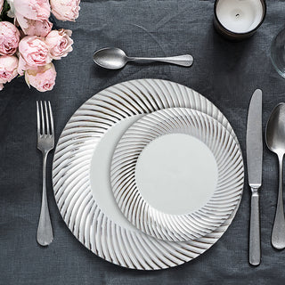 Elegant and Stylish White/Silver Swirl Rim Disposable Salad Plates