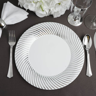 Elevate Your Table Settings with White / Silver Swirl Rim Plastic Dinner Plates