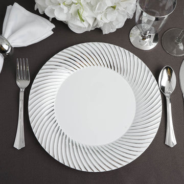 10 Pack White Plastic Party Plates with Silver Swirl Rim, 9" Round Disposable Dinner Plates