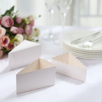 10 Pack 4"x2.5" White Single Slice Triangular Cake Boxes with Scalloped Top, Party Favor Gift Box