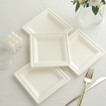 50 Pack | 6" White Square Biodegradable Bagasse Salad Plates, Eco-friendly Disposable Sugarcane Appetizer Dessert Party Plates