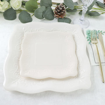 25 Pack White 7" Square Vintage Appetizer Dessert Paper Plates, Shiny Disposable Pottery Embossed Party Plates With Scroll Design Edge - 350 GSM
