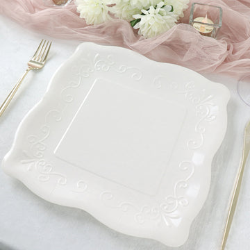 25 Pack White 11" Square Vintage Dinner Serving Paper Plates, Shiny Disposable Pottery Embossed Party Plates With Scroll Design Edge - 350 GSM