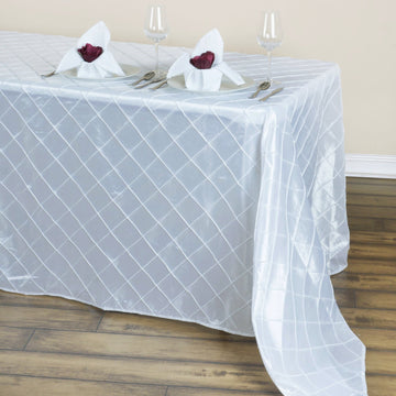 90" x 132" White Taffeta Pintuck Seamless Rectangular Tablecloth