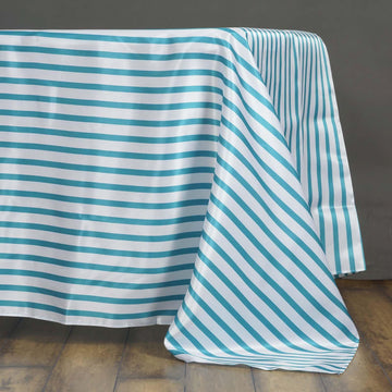 60"x102" White/Turquoise Seamless Stripe Satin Rectangle Tablecloth