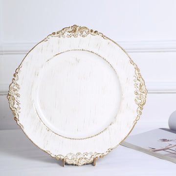 6 Pack | 13" White Washed Gold Embossed Baroque Charger Plates, Round With Antique Design Rim