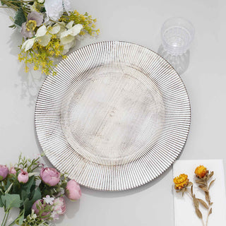 Elevate Your Table Decor with White Washed Sunray Rim Faux Wood Plastic Charger Plates