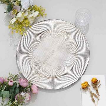 6 Pack 13" White Washed Sunray Rim Faux Wood Plastic Charger Plates, Round Disposable Dinner Serving Trays