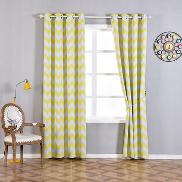 2 Pack | White/Yellow Chevron Design Thermal Blackout Curtains With Chrome Grommet Window Treatment Panels - 52"x108"