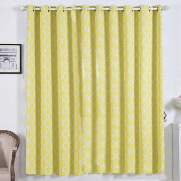 2 Pack | White/Yellow Lattice Room Darkening Blackout Curtain Panels With Grommet, Trellis Noise Cancelling Curtains 52"x84" - Clearance SALE