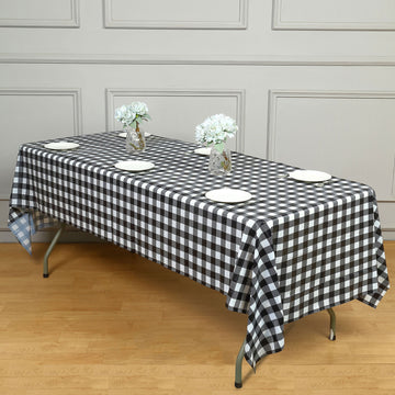 54"x108" White Black Buffalo Plaid Waterproof Plastic Tablecloth, PVC Rectangle Disposable Checkered Table Cover