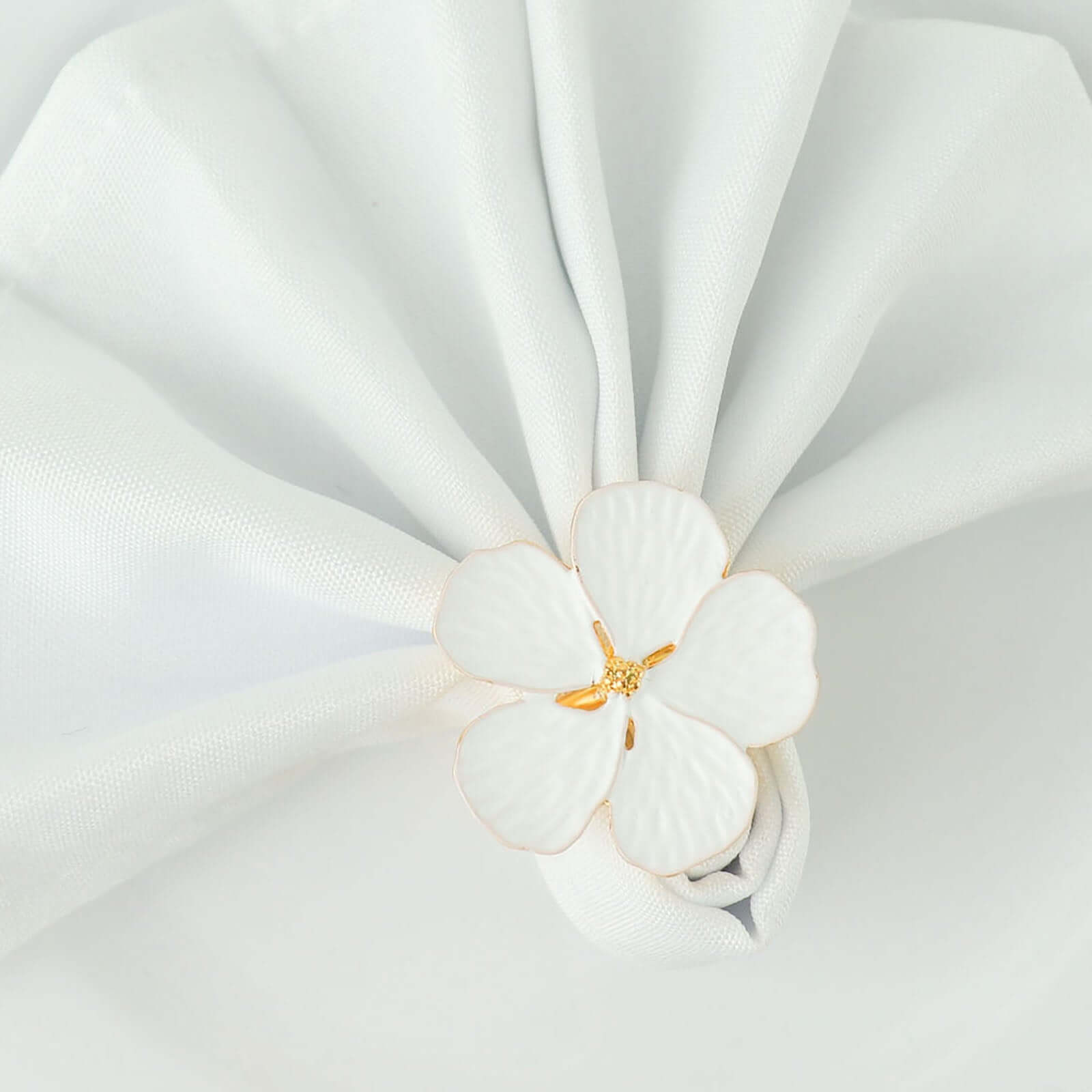 4 Pack | White and Gold Metal Flower Napkin Rings, Floral Serviette Buckle Napkin Holder Set - Plum Blossom Design