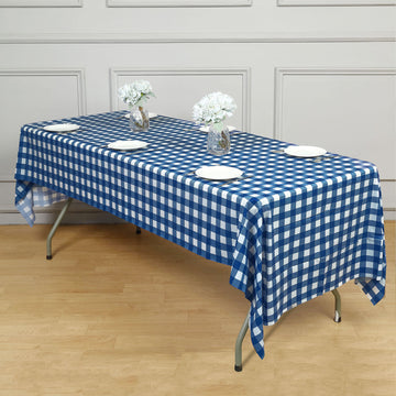 54"x108" White Navy Blue Buffalo Plaid Waterproof Plastic Tablecloth, PVC Rectangle Disposable Checkered Table Cover