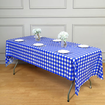 54"x108" White Royal Blue Buffalo Plaid Waterproof Plastic Tablecloth, PVC Rectangle Disposable Checkered Table Cover