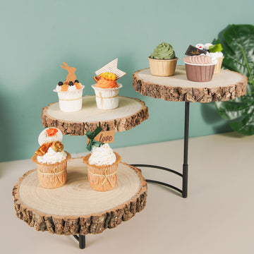 12" Tall | 3-Tier Wood Slice Cheese Board, Cupcake Stand, Half Moon Rustic Centerpiece