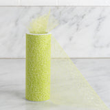 6"x10 Yards Apple Green Elaborate Design Glitter Organza Tulle Fabric Rolls