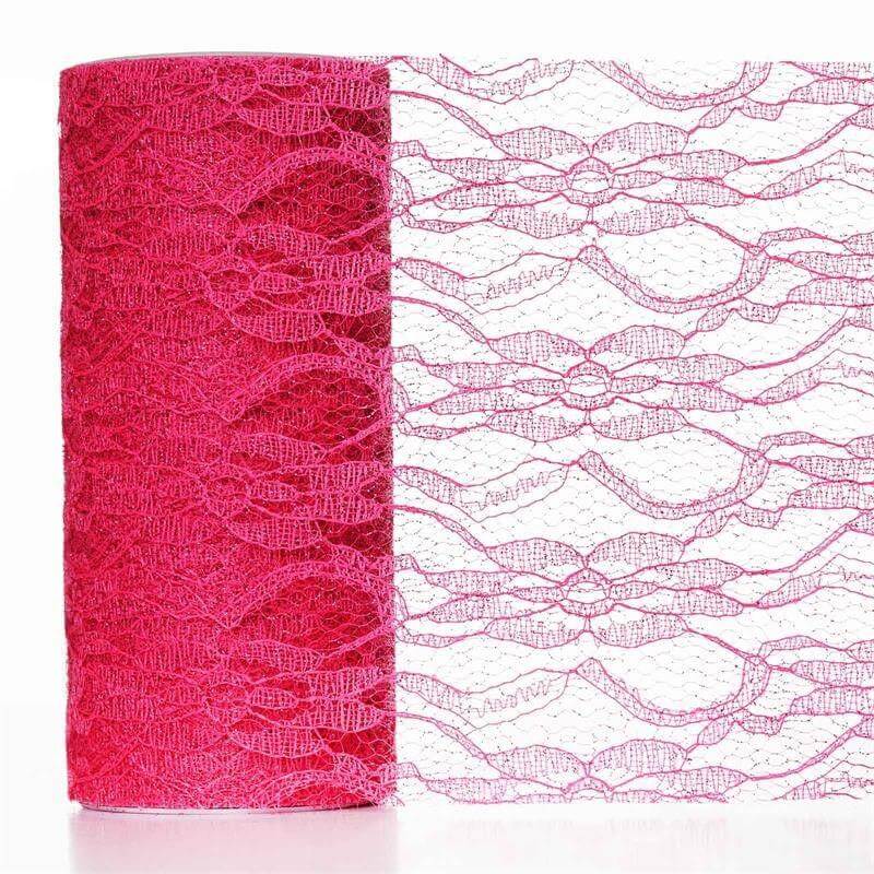 6"X10 Yards Fuchsia Floral Lace Shimmer Glitter Tulle Fabric Bolts - Clearance SALE