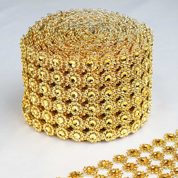 4"x10 Yards Gold Fleur Diamond Rhinestone Ribbon Wrap Roll, DIY Craft Ribbon
