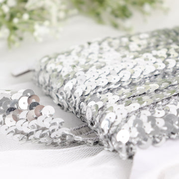 1"x10 Yards Metallic Silver Sequin Stretch Fabric Ribbon, Elastic Lace Trim, Shiny Glitter Craft Fabric