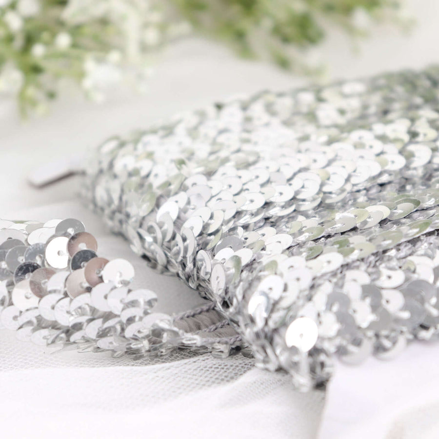 1inchx10 Yards Metallic Silver Sequin Stretch Fabric Ribbon, Elastic Lace Trim