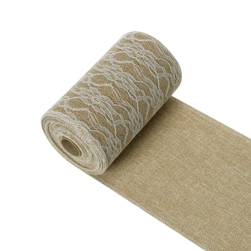 6"x10 Yards Natural Jute Burlap Ribbon with Lace Overlay