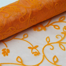 12inch x 10 Yards Orange Organza With Velvet Embroidery Fabric Bolt, DIY Craft Fabric Roll