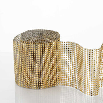 5"x10 Yards Shiny Gold Diamond Rhinestone Ribbon Wrap Roll, DIY Craft Decor
