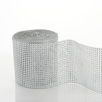 5"x10 Yards Shiny Silver Diamond Rhinestone Ribbon Wrap Roll, DIY Craft Decor