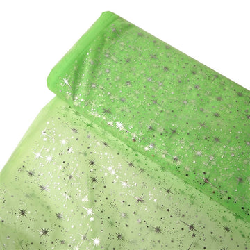54"x15 Yards Tea Green Hot Foil Stamped Glitter Stars Organza Fabric