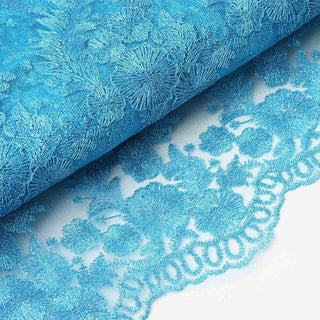 Turquoise Floral Embroidered Lace Tulle Fabric Bolt