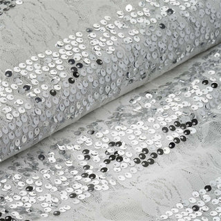 Elegant White with Silver Sequin Parallels Lace Fabric Bolt