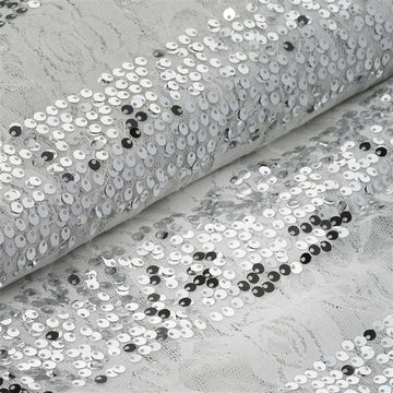 54"x4 Yards White With Silver Sequin Parallels Lace Fabric Bolt, DIY Craft Fabric Roll