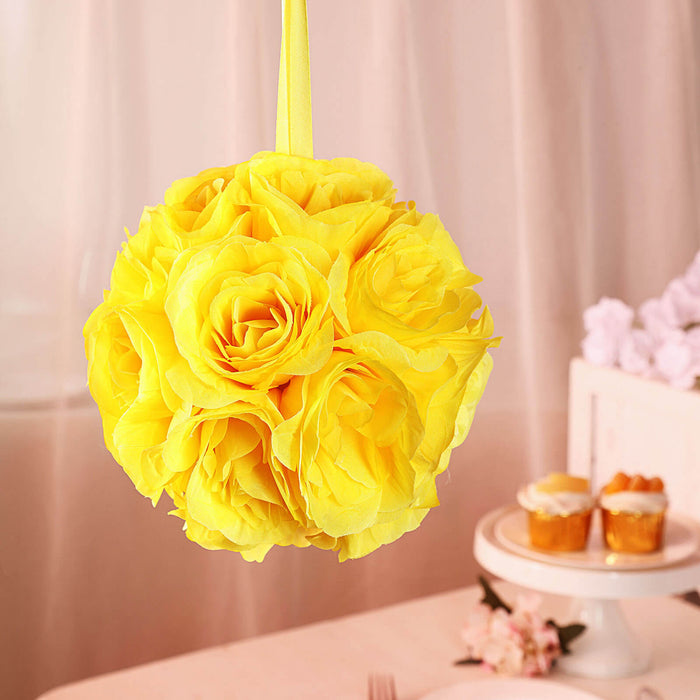 2 Pack | 7inch Yellow Artificial Silk Rose Flower Ball, Silk Kissing Ball