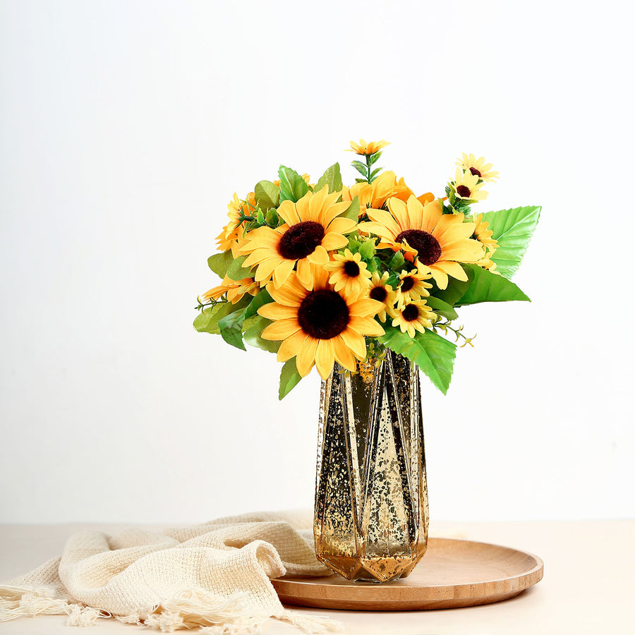 2 Bouquets | 13inch Yellow Artificial Silk Sunflower Flower Bushes