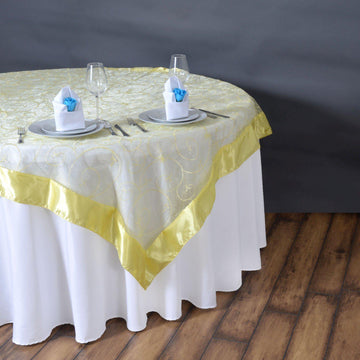 85"x85" Yellow Embroidered Sheer Organza Square Table Overlay With Satin Edge