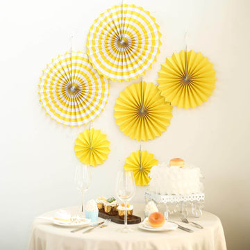 Set of 6 Yellow Hanging Paper Fan Decorations, Pinwheel Wall Backdrop Party Kit - 8", 12", 16"