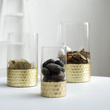 Set of 3 Clear Glass Cylinder Vases with Gold Honeycomb Base, Votive Tealight Candle Holder Set - 6",8",10"