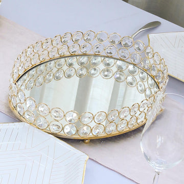 Gold Metal Crystal Beaded Mirror Oval Vanity Serving Tray, Decorative Tray - Medium 14"x10"