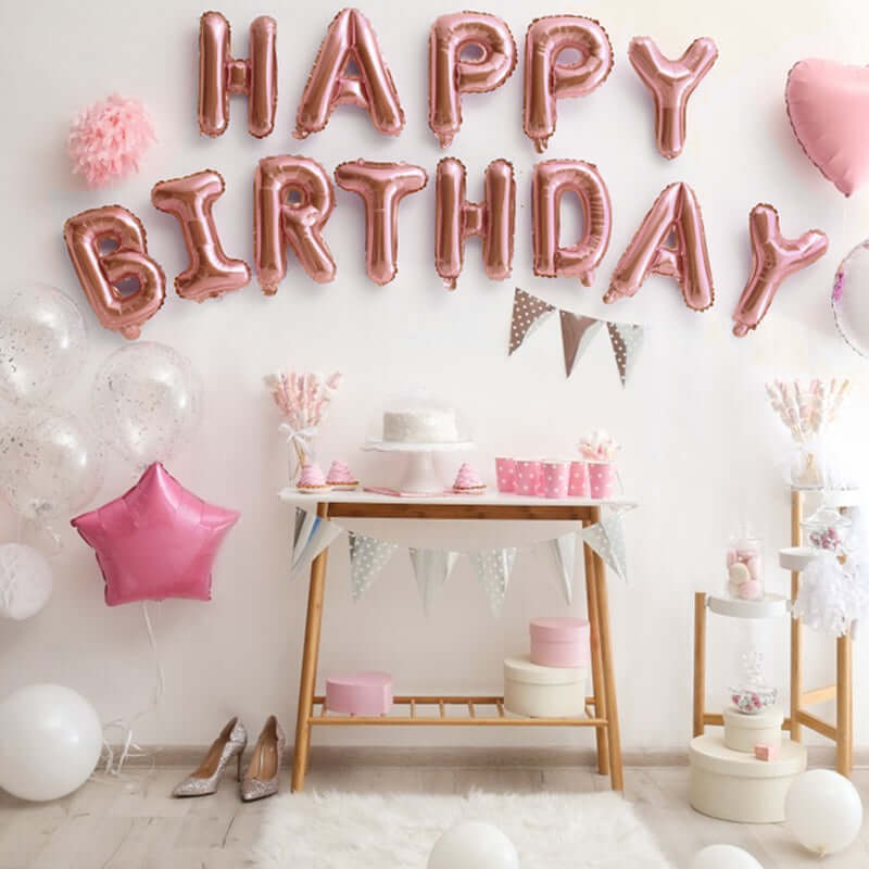 Rose gold happy birthday balloon decorations